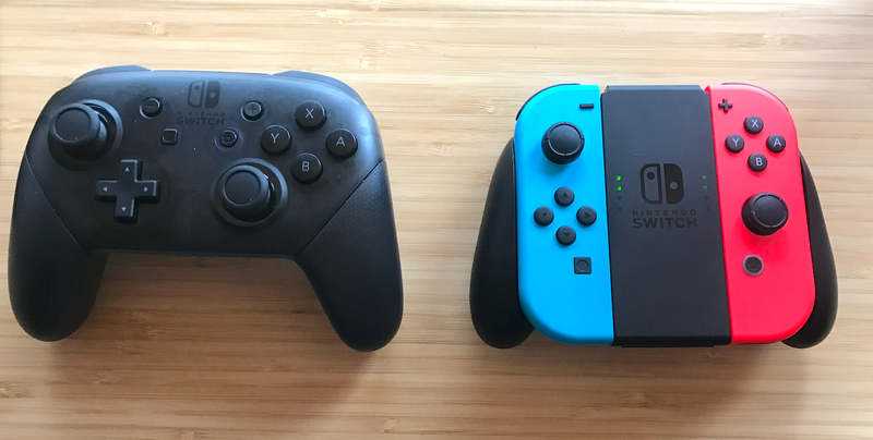 On the left, the Pro Controller. On the right, the Joy-Con combined onto the grip.